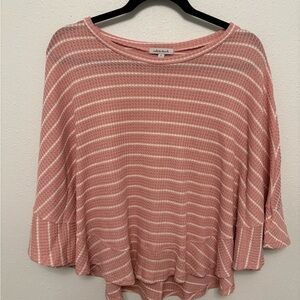 white birch Rose Pink & White Striped Waffle Knit Ruffle Hem Tunic